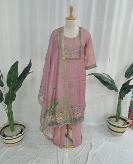 Chanderi embroidered suit set for women with cotton lining, matching bottom and dupatta