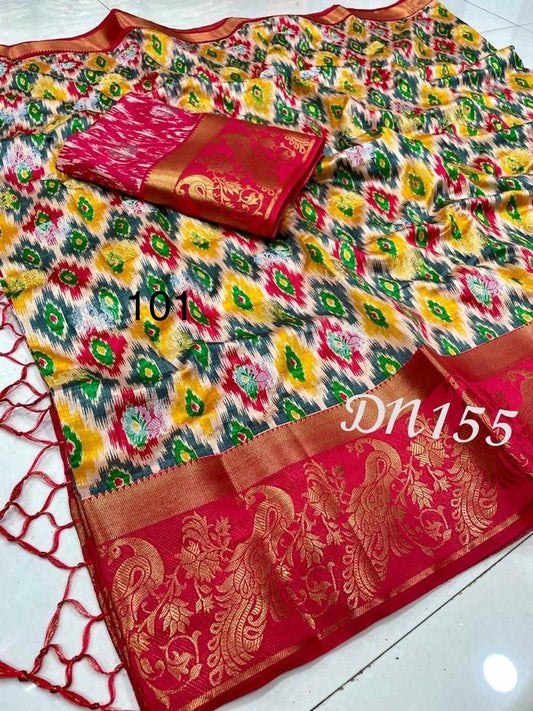 Semi Raw Silk Jacquard Saree with Silver and Gold Zari Butti Weaving – Contrast Ikkat Blouse