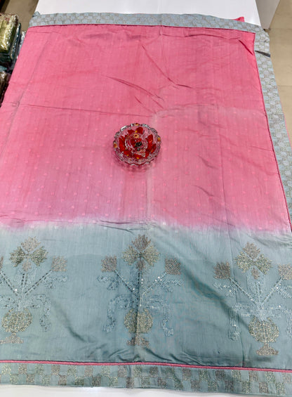 Omber shaded Silk Saree with Embroidery Lace Work, Patchwork and Art Silk Blouse