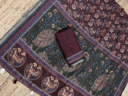 Mul Chanderi Cotton Saree with Kalamkari Print, Golden Zari Piping, and Batik Blouse – Ethnic Wear for Women