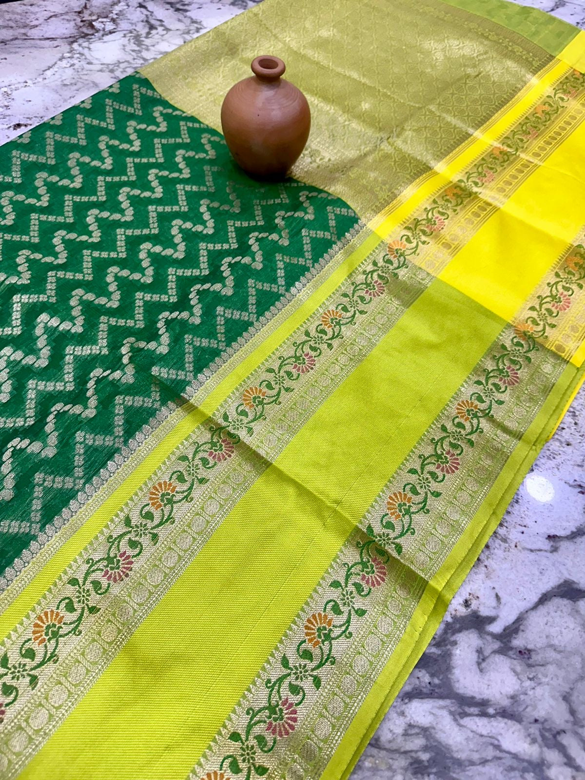Mangalgiri Tissue Saree with Floral Design, Zari Rich Pallu, Big Border, and Contrast Blouse Piece for Women