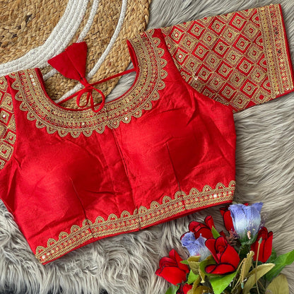 Soft Silk Front-Open Blouse with Heavy Sequins, Thread, Jari and Handwork for Women