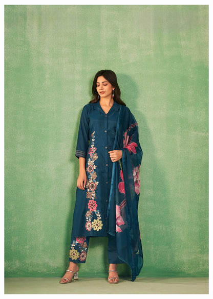 Viscose Silk Kurta Pant Dupatta Set with Printed Dupatta and Lace Finish – Sizes M to XXL