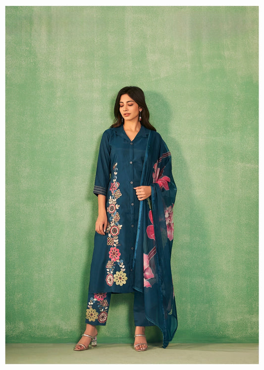 Viscose Silk Kurta Pant Dupatta Set with Printed Dupatta and Lace Finish – Sizes M to XXL