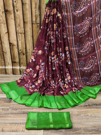 Chiffon Jari Saree with All-Over Floral Print & Contrast Printed Border – Blouse Options Available