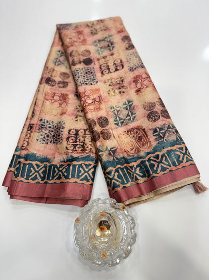 Semi Tussar Silk Saree with Ethnic Print Border and Tassel Pallu, Geometric Prints