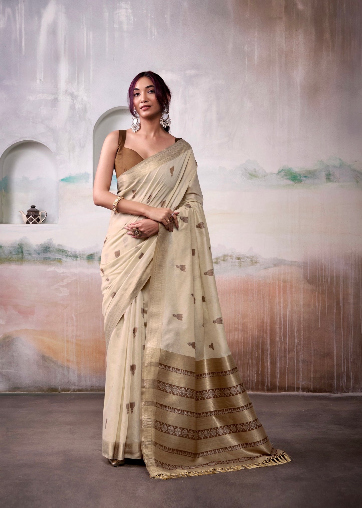 modal cotton saree with zari-style motifs and contrast border – breathable ethnic wear for women
