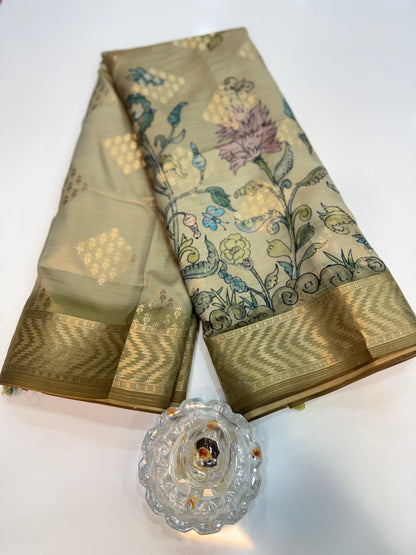 Bamboo Silk Floral Printed Saree with Rich Decorative Pallu, Rich Floral Kalamkari Style Prints