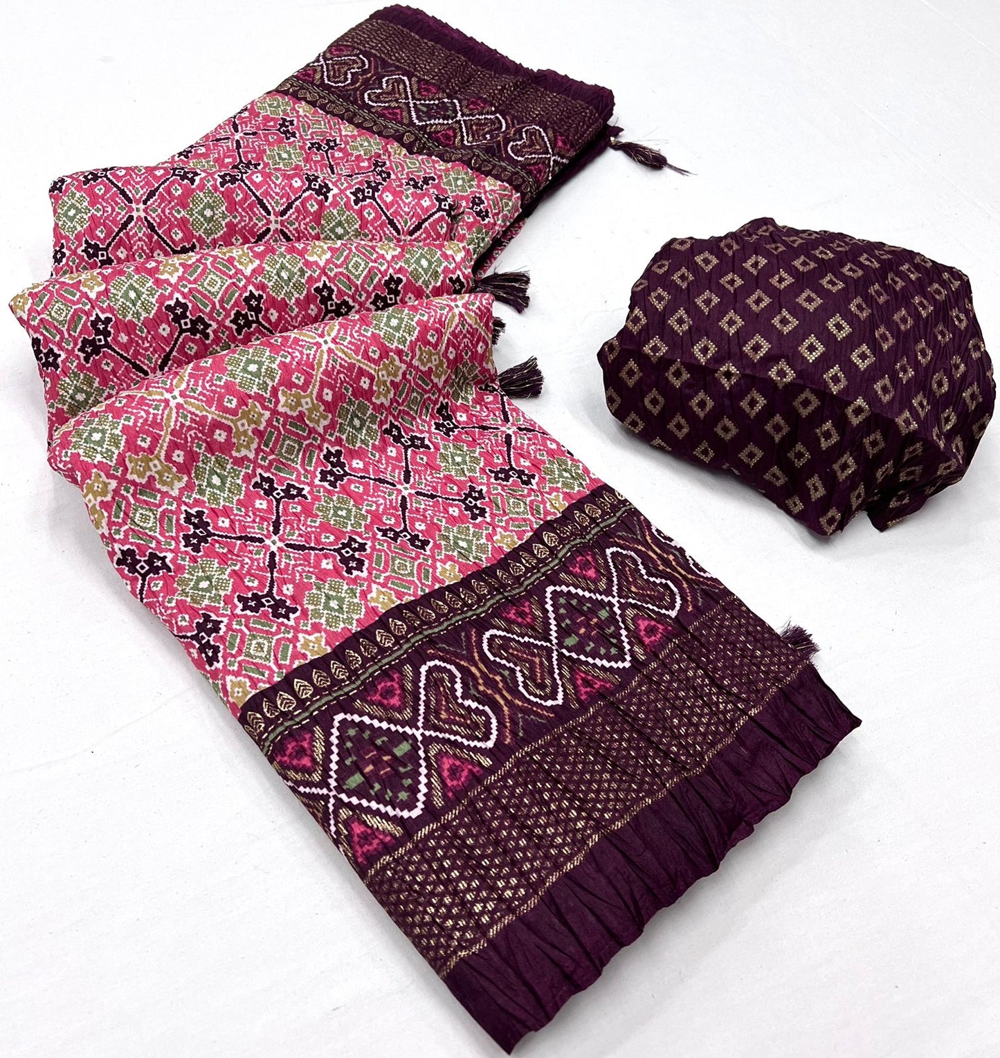 Soft Dola Silk Patola Print Saree with Foil Detailing, Tassel Pallu and Contrast Blouse for Women