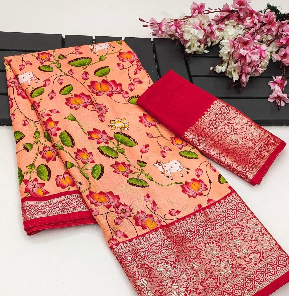 Kalamkari digital print Viscose Saree with weaving zari and gold viscose border.