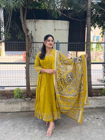 Cotton Printed Anarkali Suit Set with Embroidered Yoke and Dupatta – Mustard Yellow ( Size 40 & 46)