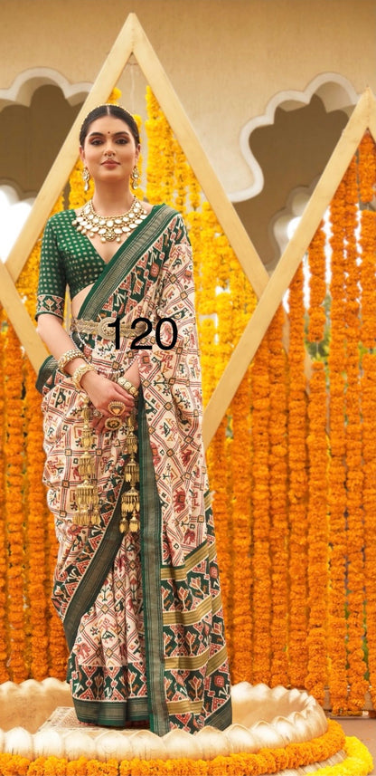 Patola Sigma Silk Saree with Aqwa Finish and Gold Print Waist Belt for Women