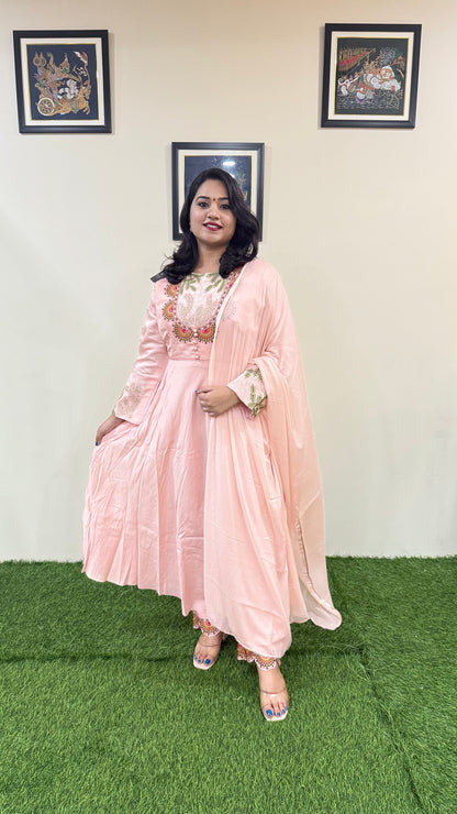 Pure Real Silk Ethnic 3-Piece Set with Embroidered Tissue or Organza Dupatta – Free Size Stitched