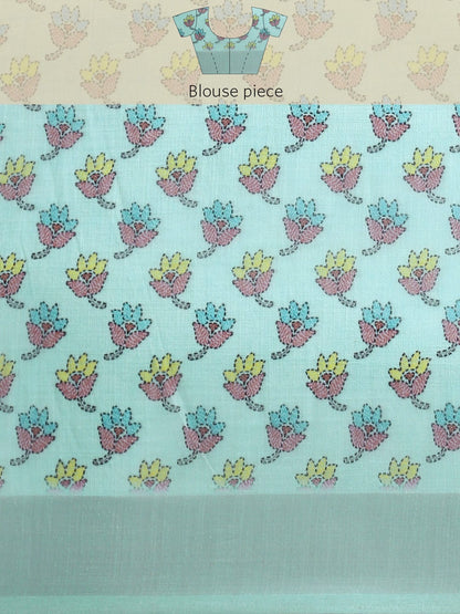 Soft Pure Linen Saree with Floral Print, Kantha Lotus Border, Zari Lining, and Running Blouse