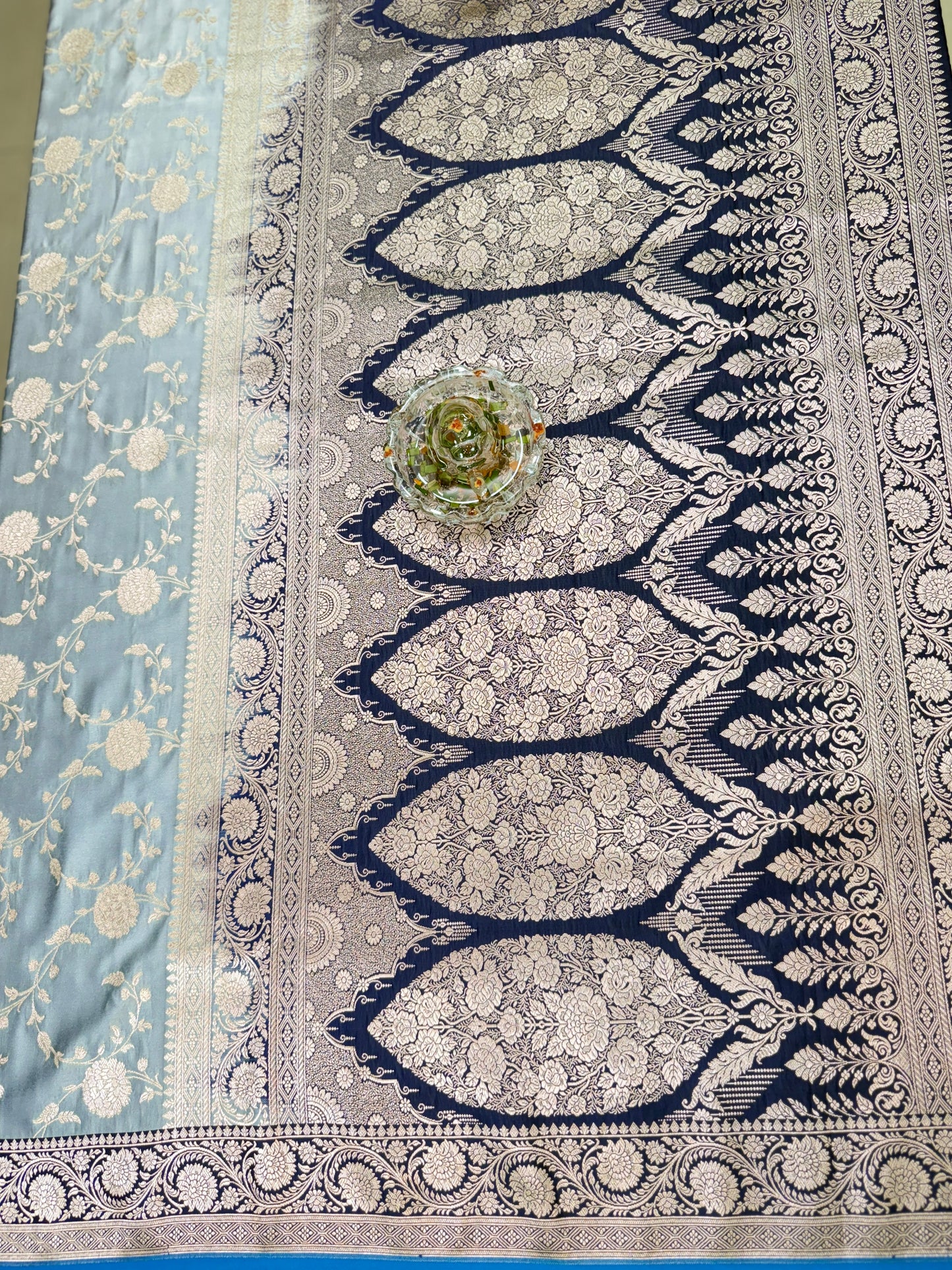 Banarasi Mashru Katan Silk Saree in Grey and Navy Blue with Contrast Blouse Piece – Women’s Festive Wear