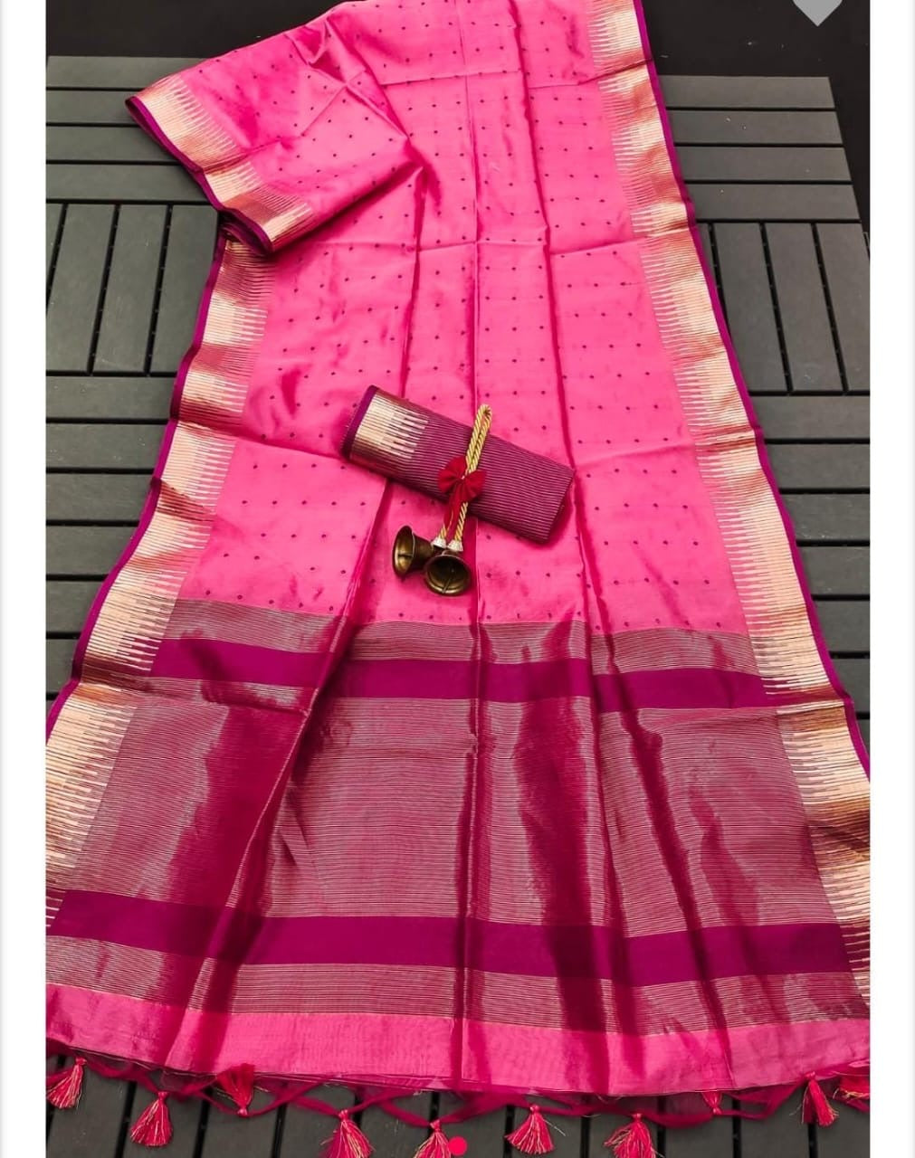 Semi Raw Silk Saree with Body Buti Design, Rich Woven Border and Contrast Blouse for Women