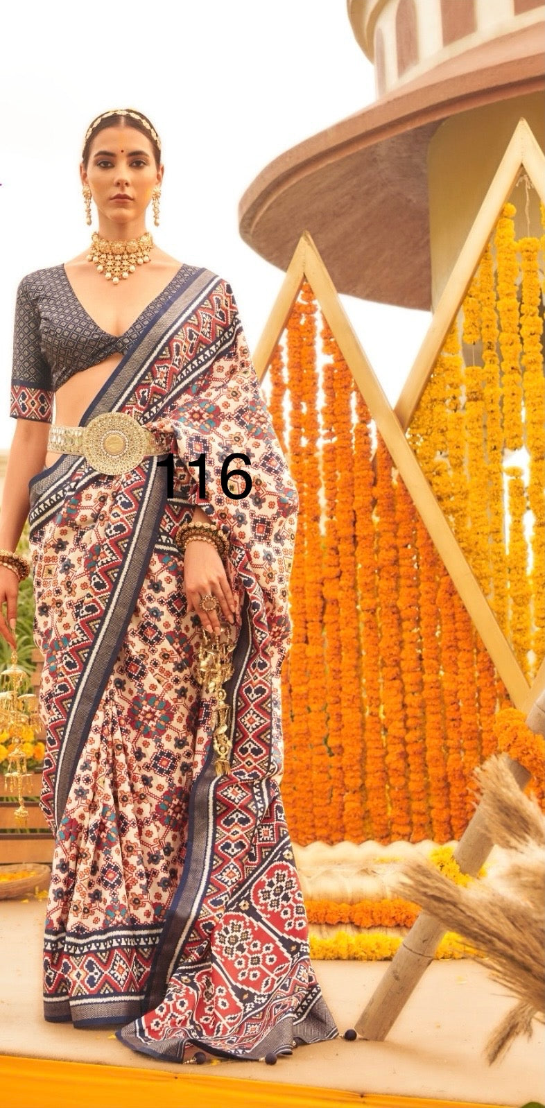Patola Sigma Silk Saree with Aqwa Finish and Gold Print Waist Belt for Women