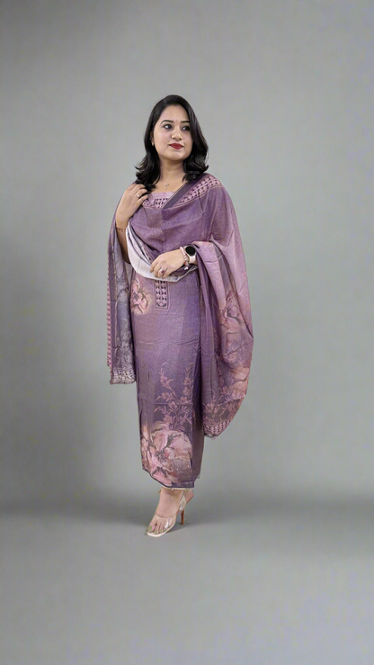 Unstitched Viscose Muslin Shimmer Dress Material with Digital Print, Aari Sequins Mirror Work and Dupatta