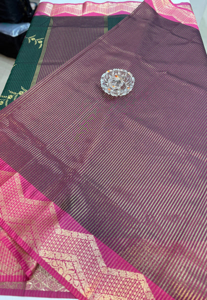 Banarasi kota silk saree with floral embroidery, contrast magenta zari border and matching blouse piece for women