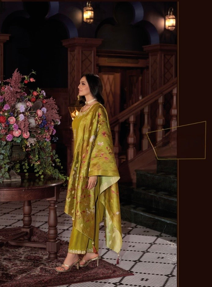 Viscose Silk Embroidered Kurta Plazzo Dupatta Set with Mirror Work and Printed Dupatta – XL & XXL