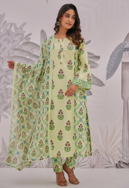 Pure Cotton Block Print Kurta Pant Dupatta Set with Ethnic Detailing for Women