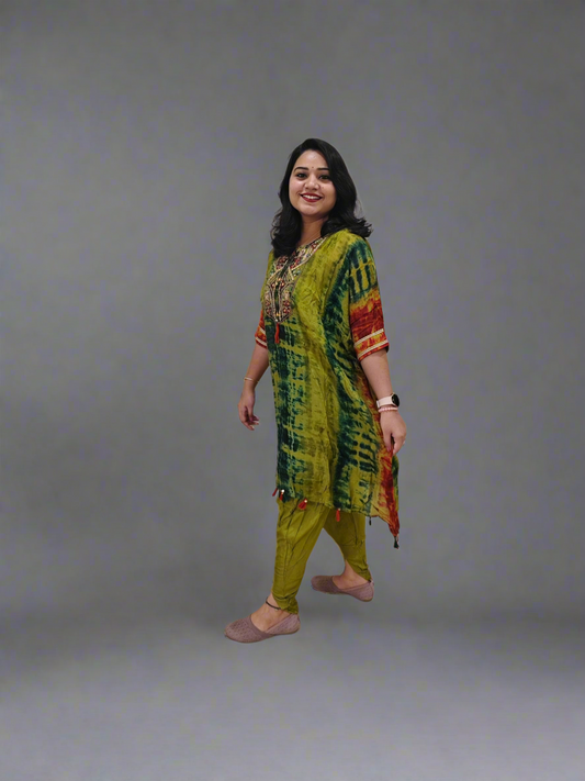 Habutai Silk Kaftan Kurti with Tulip Pant Set Featuring Mirror Embroidery and Tassels