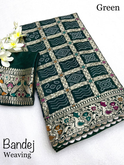 Viscose Silk Bandej Saree with Meenakari Weaving, Heavy Pallu and Lace Border – Festive Wear