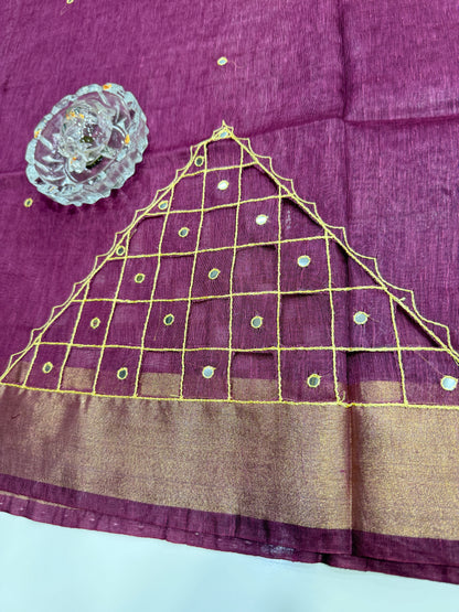 Pure Tissue 150 Count Linen Handloom Saree with Handwork and Running Blouse for Women