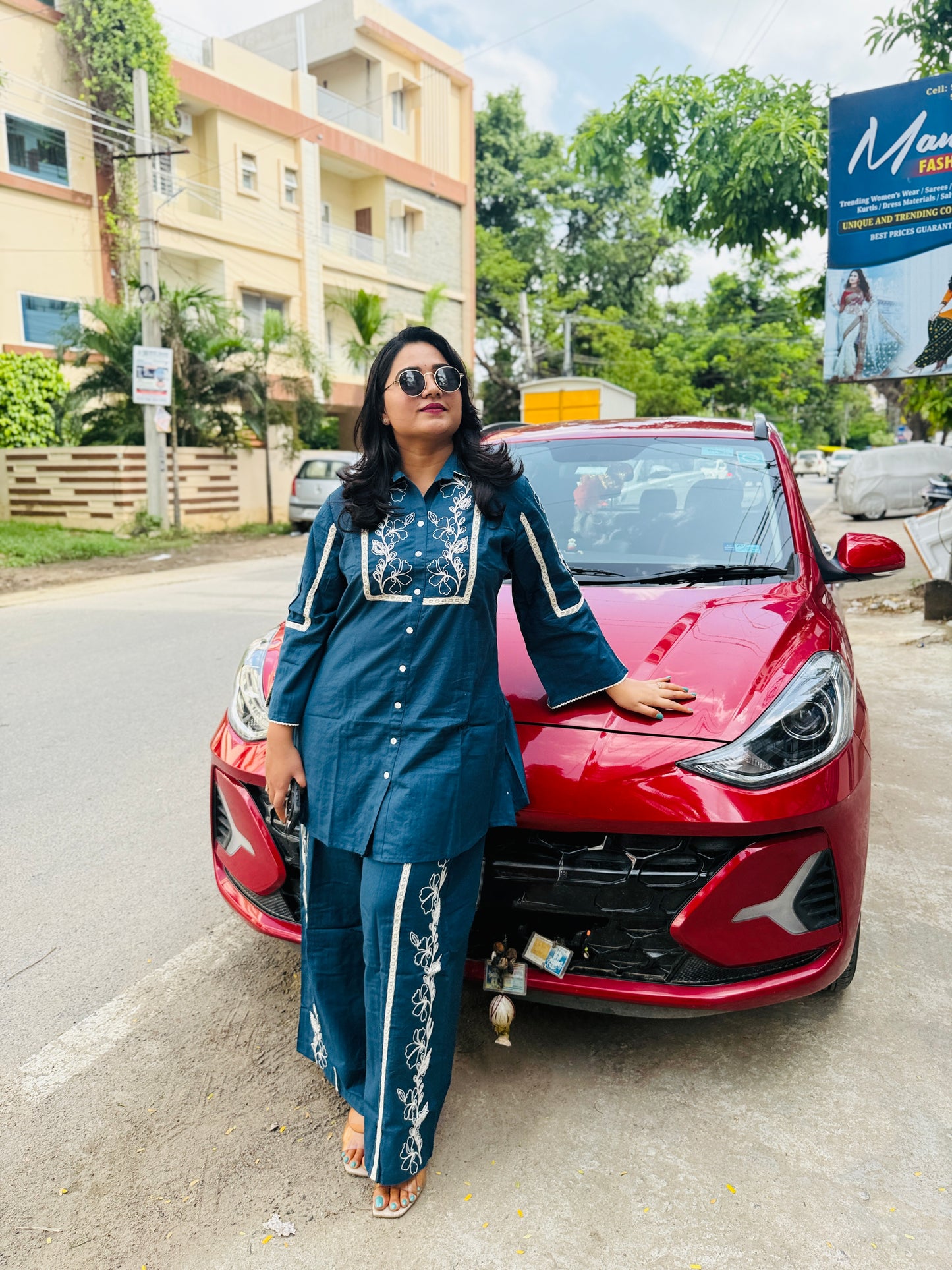 Navy Blue Cotton Flex Co-ord Set for Women with Thread Embroidery and Lace Detailing