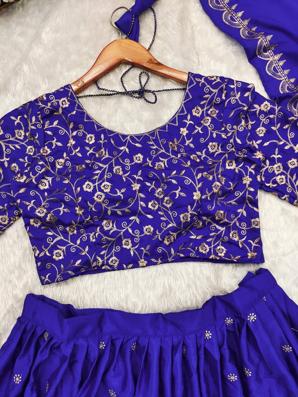 Blue and Pink Chinnon Lehenga Set with Elephant Embroidery – L to XXL Sizes