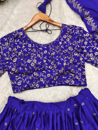 Blue and Pink Chinnon Lehenga Set with Elephant Embroidery – L to XXL Sizes