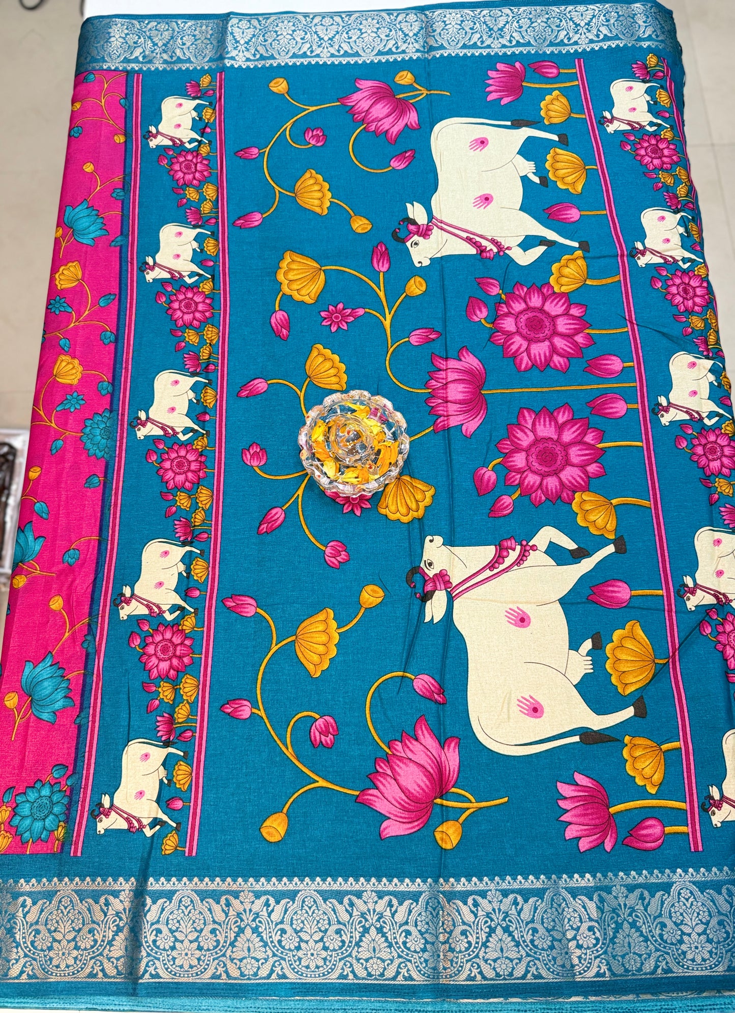 Madrasi Cotton Silk Saree with Cultural Print Motifs and Matching Blouse Piece for Women