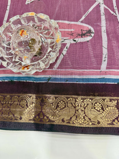 Chennuri silk style printed saree with traditional artwork border and unstitched blouse fabric for women