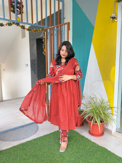 Women’s Kalamkari Cotton Kaftan Set with Embroidery and Mirror Work – Sizes 38 to 44