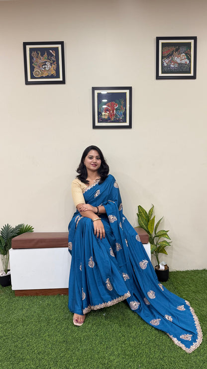 Pure Chinnon Saree with Embroidery, Work & Peacock Butta Motifs – Heavy Embroidered Blouse