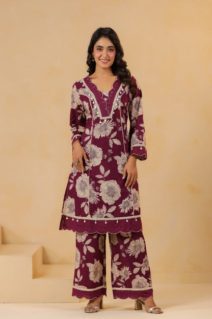 Pure Cotton Floral Printed Kurti Pant Set with Lace Detailing for Women – Wine Colour