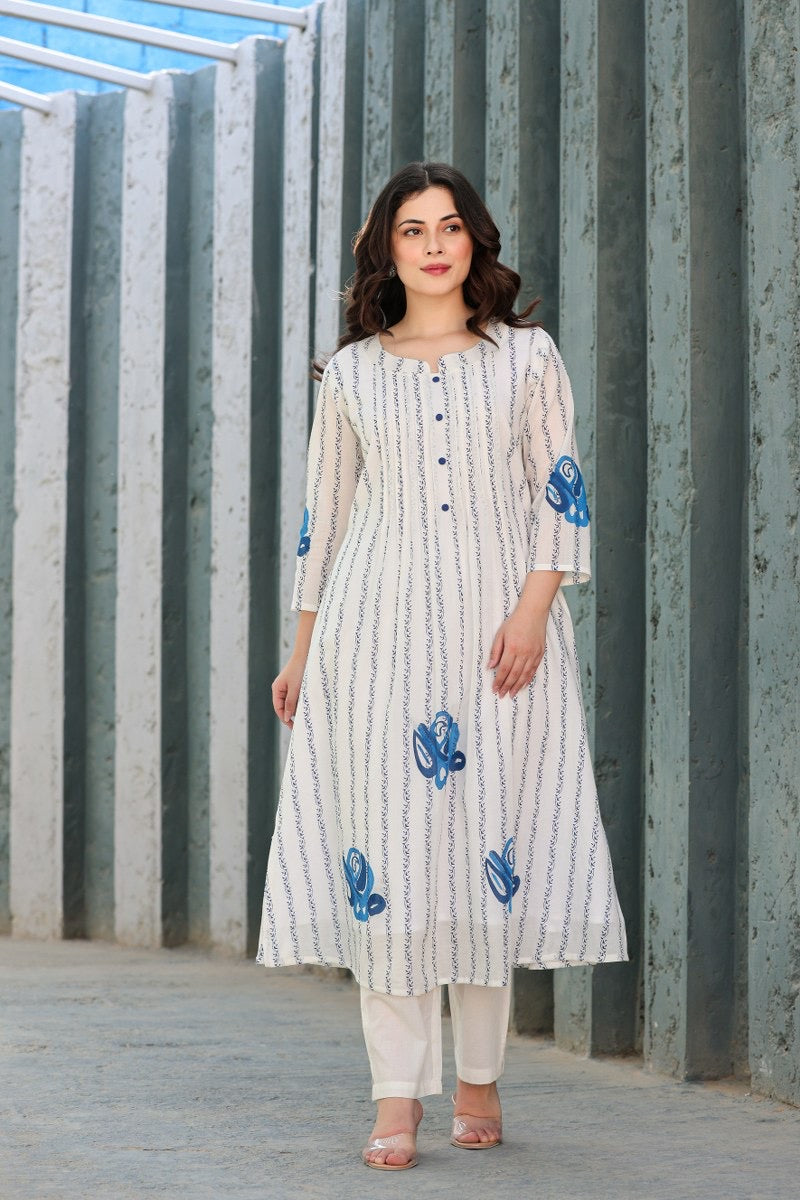 Striped Mul Cotton Kurta Pant Set for Women with Breathable Lining and Button Detailing