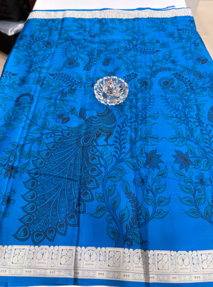 Pure Crepe Mysore Silk Saree for Women – Kalamkari Print with Kathan Border, 75 Gram, Silk Mark Certified