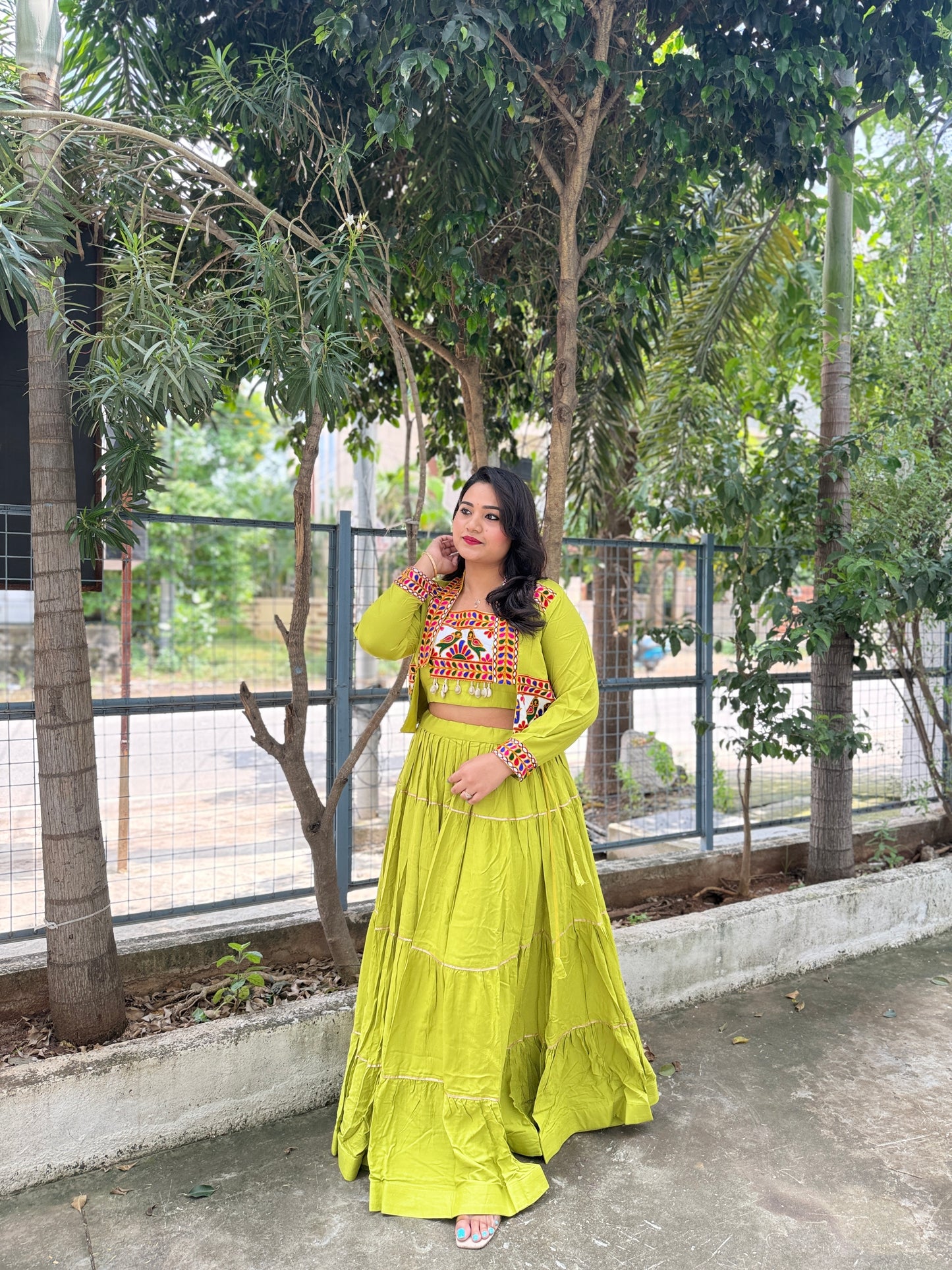 Rayon Lehenga Choli with Embroidered Gamthi Work Koti and Cowrie Lace – Navratri and Festive Wear