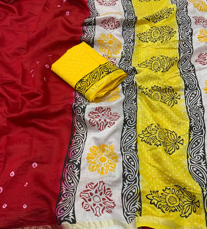 Chanderi Cotton Saree with Hand-Tied Bandhani and Block Printed Pallu – Festive Wear for Women