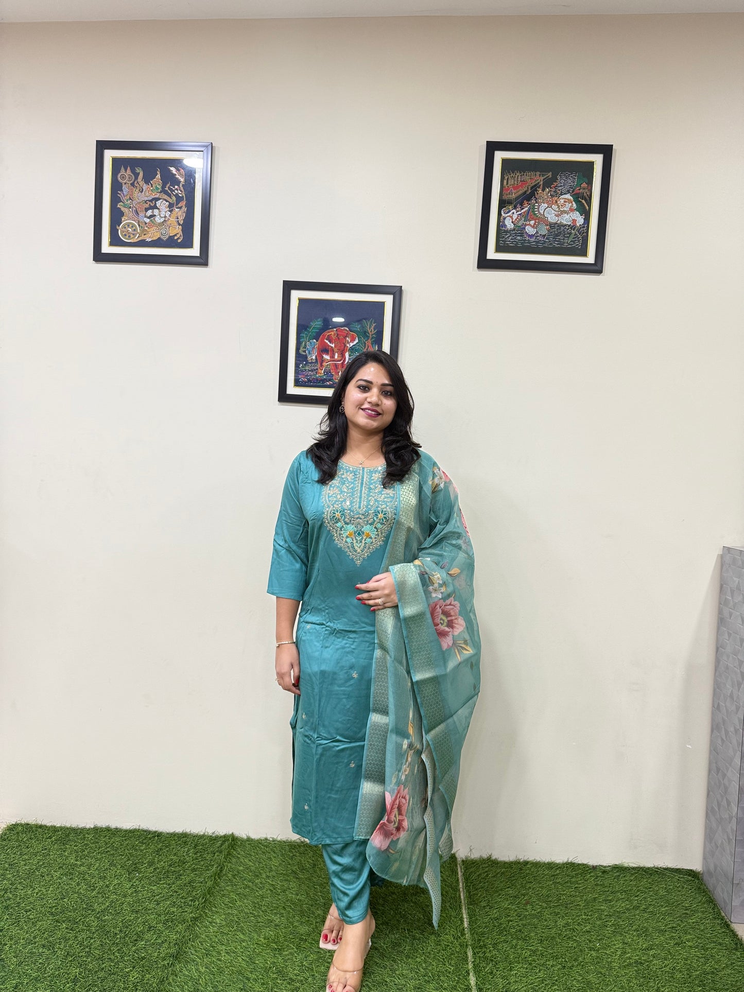 Gajji Silk Straight Suit Set with Embroidery and Organza Zari Dupatta for Women