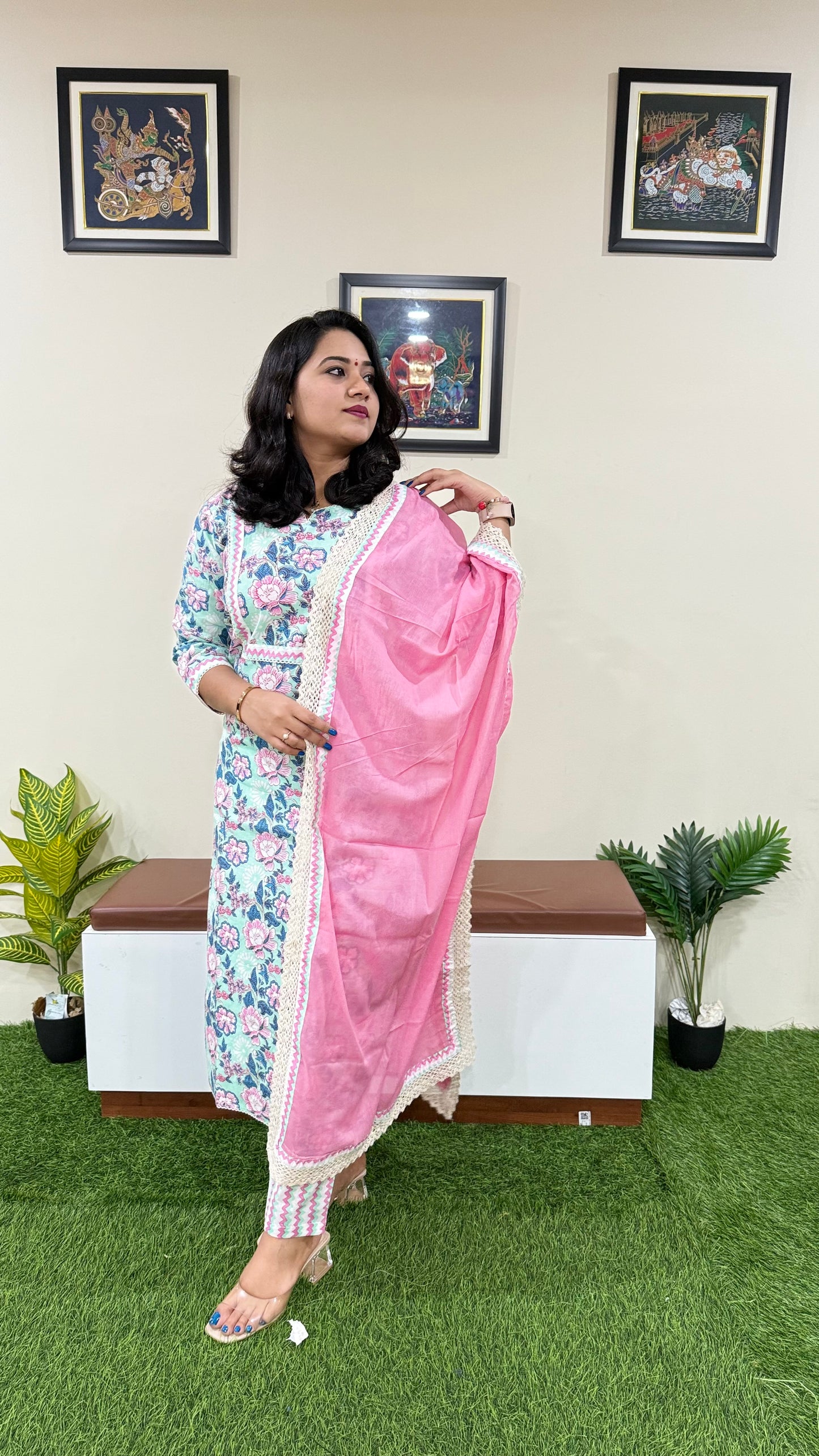 Cotton Kurti Pant Dupatta Set for Women with Crochet Work and Stole Dupatta – Sizes 36 to 46