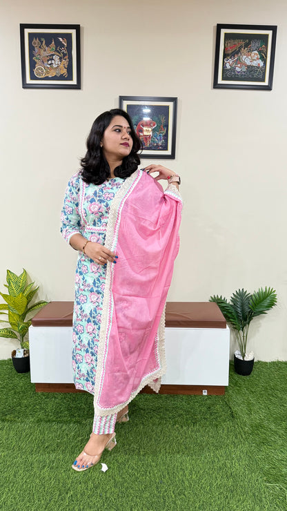 Cotton Kurti Pant Dupatta Set for Women with Crochet Work and Stole Dupatta – Sizes 36 to 46