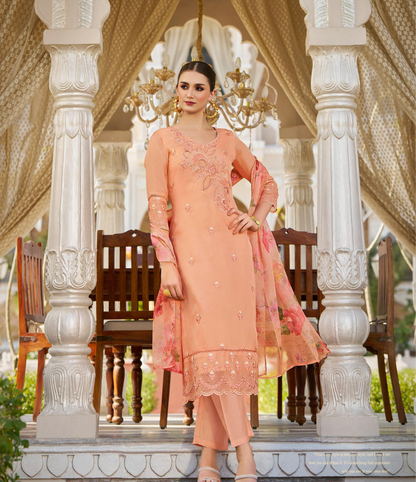 Women’s Organza Embroidered Suit Set with Viscose Silk Pant and Digital Print Dupatta – L to 3XL