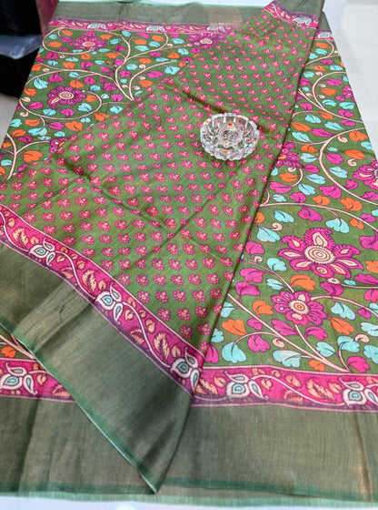 Pure Tussar Munga Silk Saree with Hand-Painted Kalamkari – Silkmark Certified
