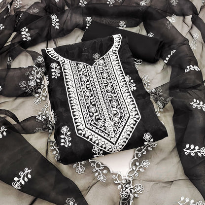 Unstitched Organza Silk Dress Material with Multi-Work Detailing, Micro Fabric Bottom and Organza Dupatta