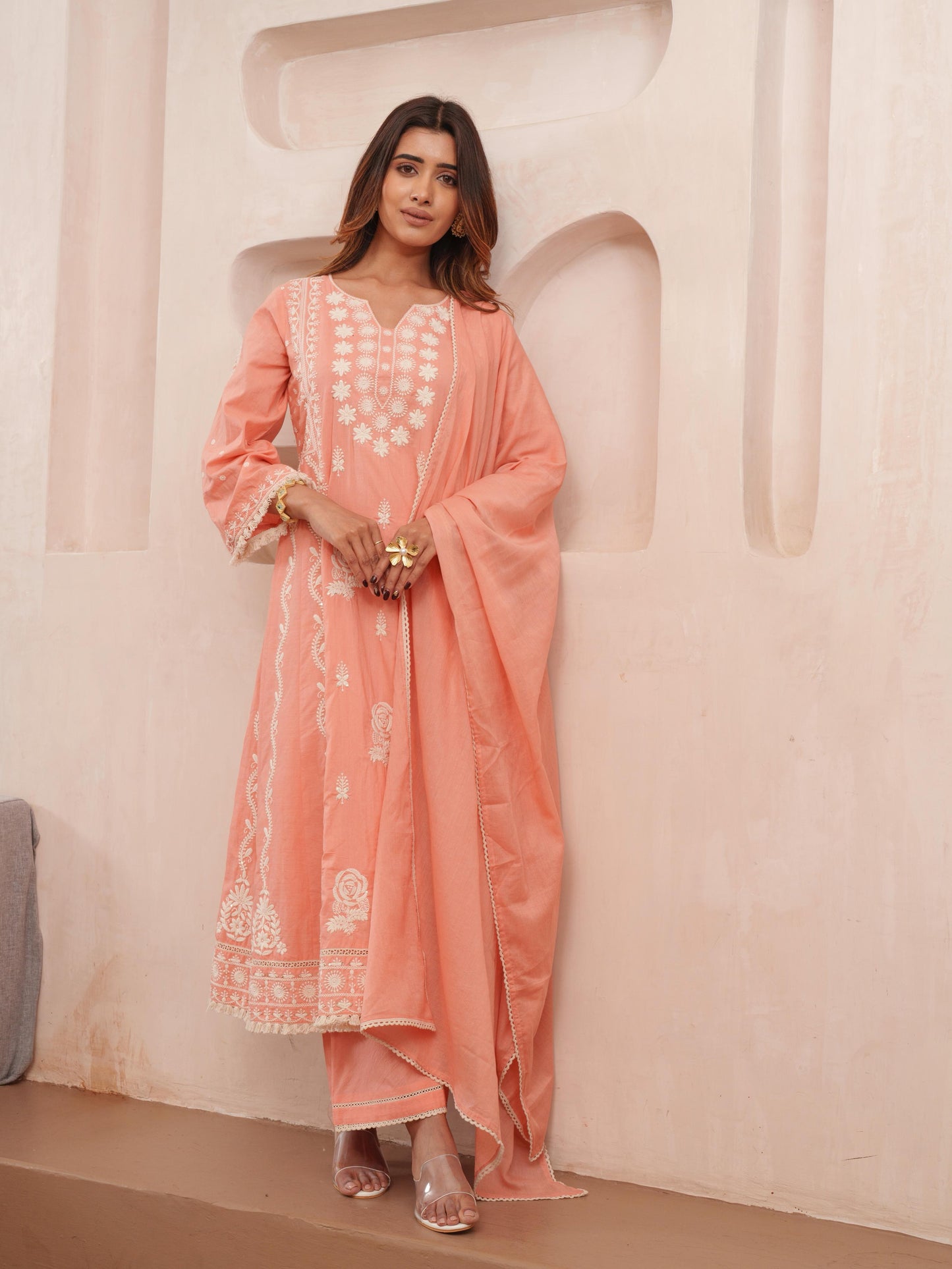 Chikankari Cotton Kurta Pant Dupatta Set with Lace Detailing for Women – Peach Tone