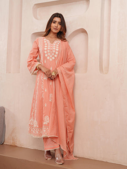Chikankari Cotton Kurta Pant Dupatta Set with Lace Detailing for Women – Peach Tone