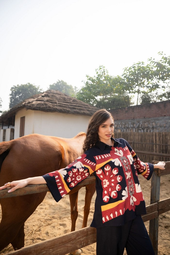 Cotton Poplin Oversized Co-Ord Set with Hand Brush Painted Design – Artistic Casual Wear for Women (Sizes 38 to 44)