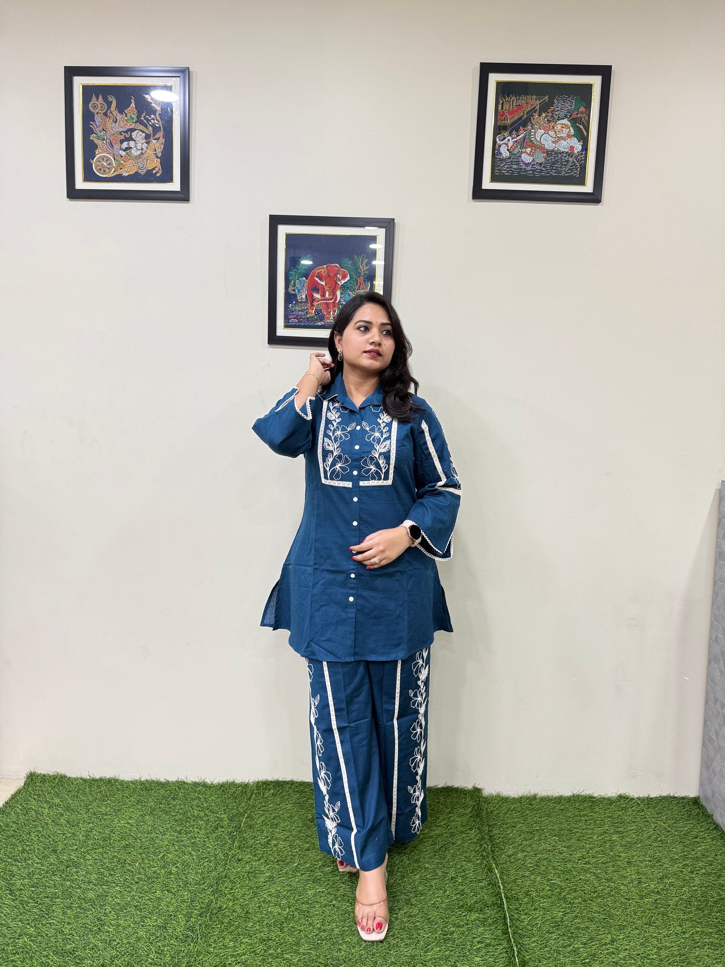 Navy Blue Cotton Flex Co-ord Set for Women with Thread Embroidery and Lace Detailing